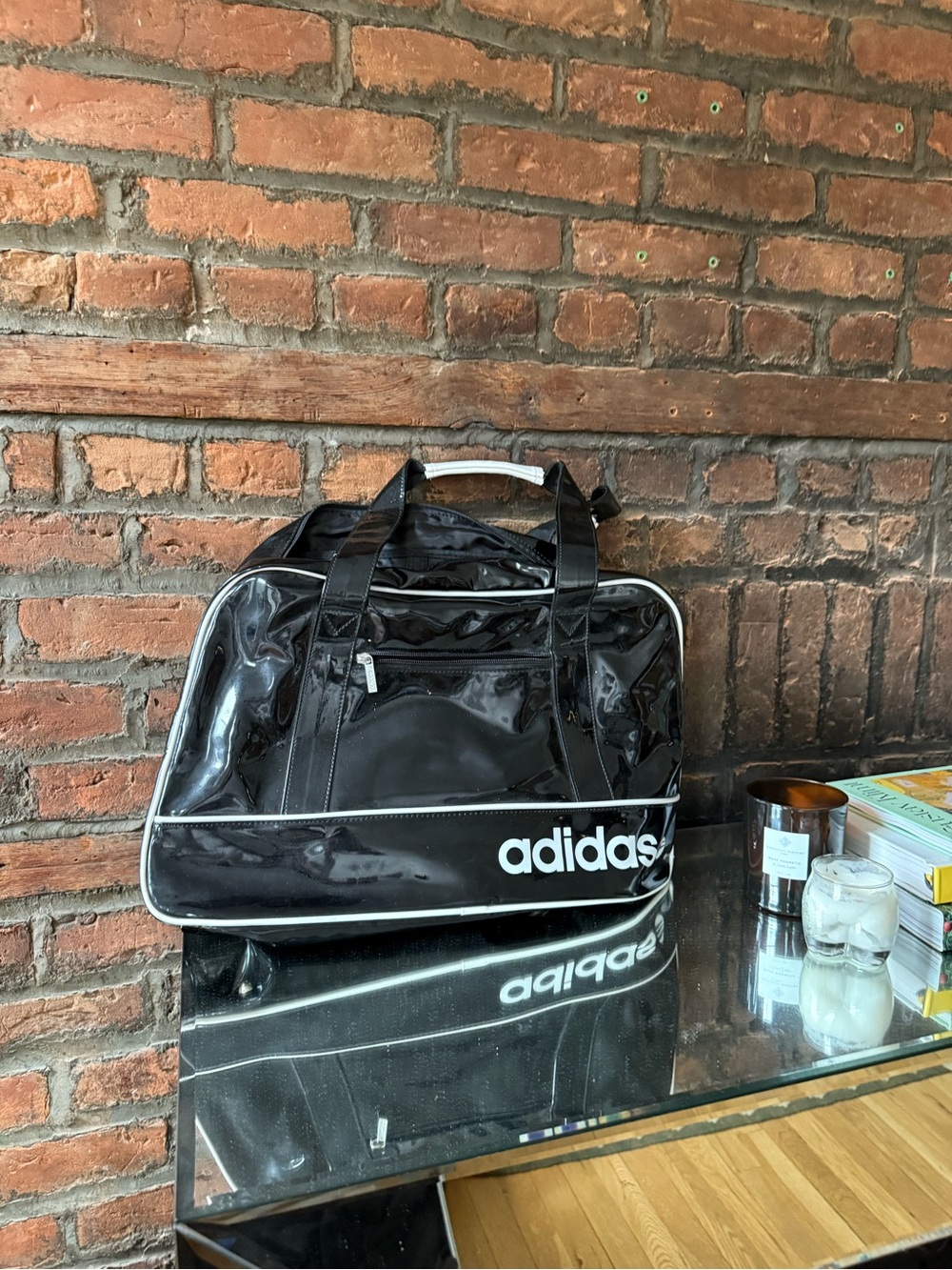 adidas Black Glossy Duffle with White Trim